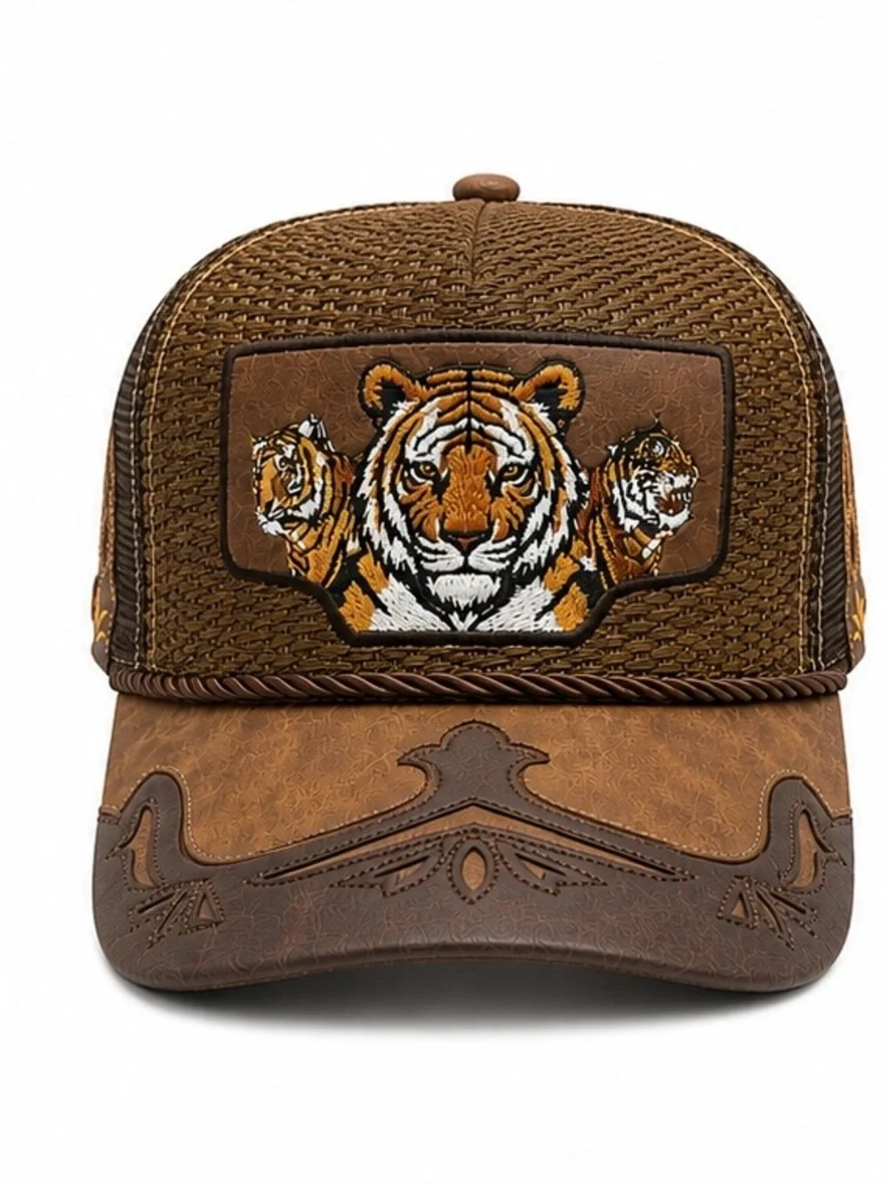 Brown Tiger Embroidered Trucker Cap - Men Grooming Accessory